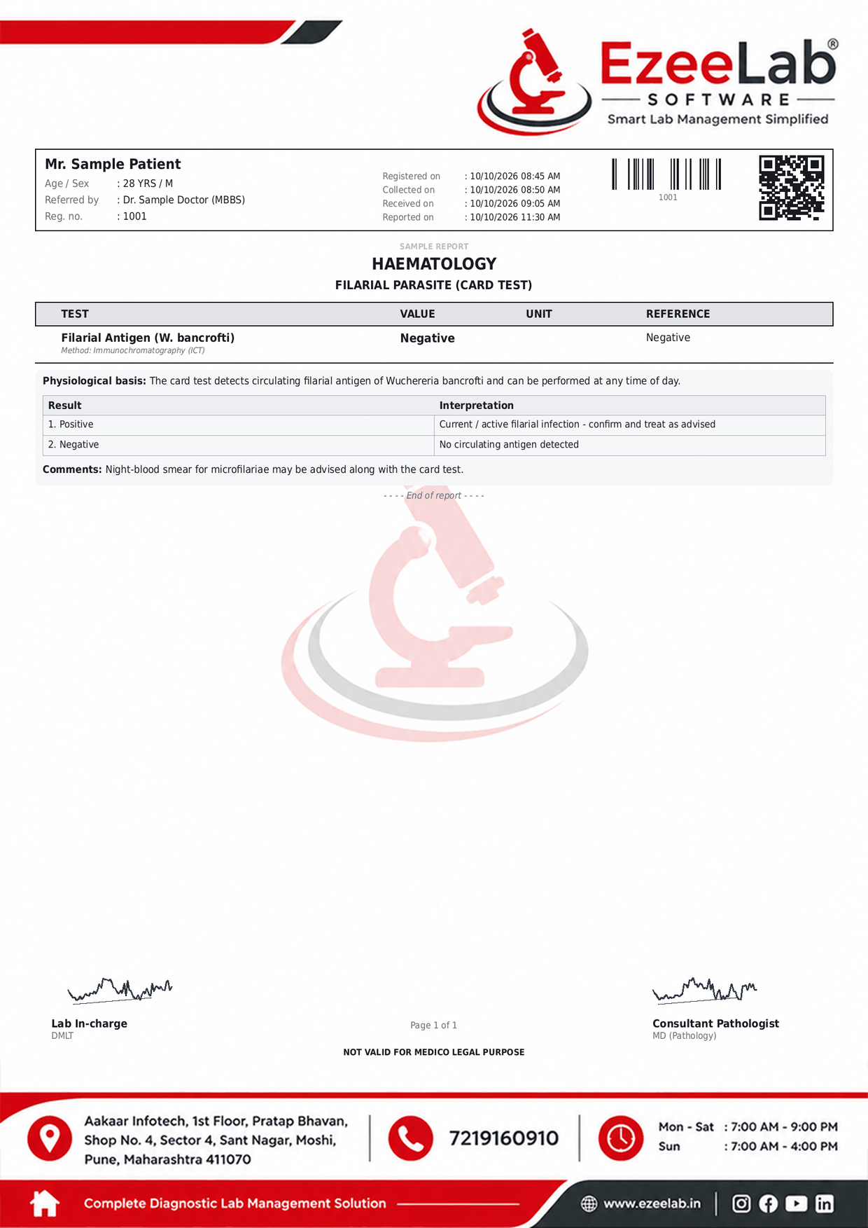 Filarial Parasite (Card Test) Report Format