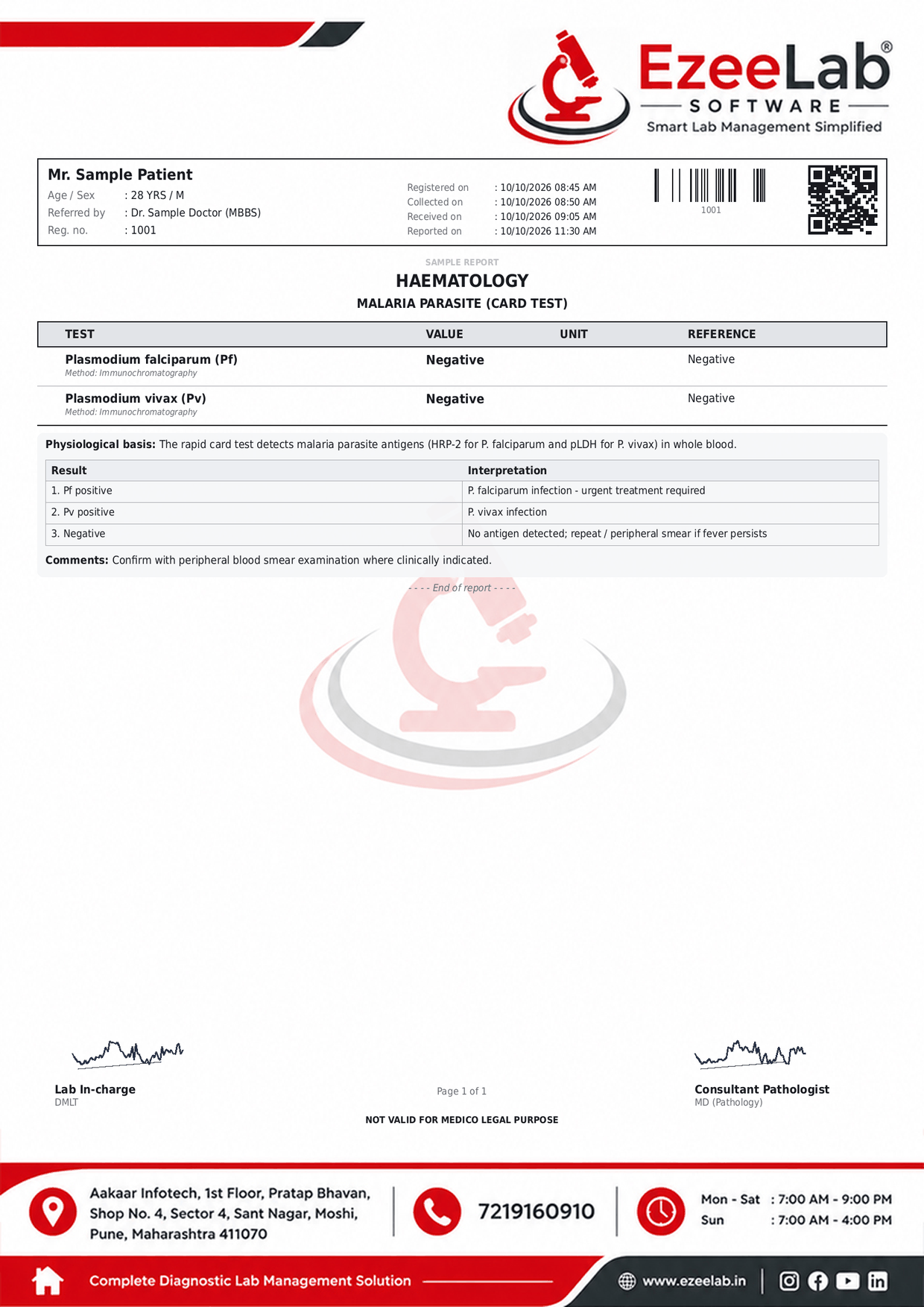 Malaria Parasite (Card Test) Report Format