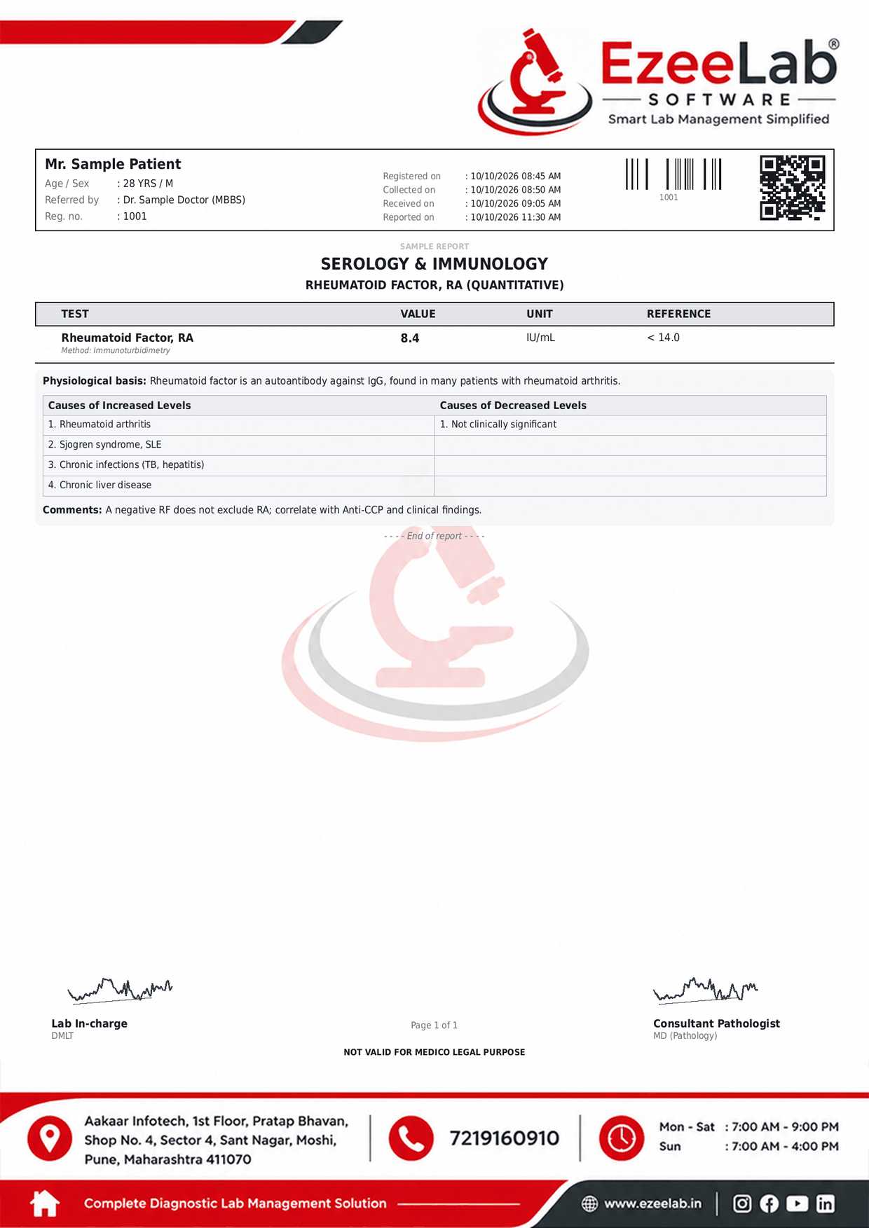 Rheumatoid Factor, RA (Quantitative) Report Format