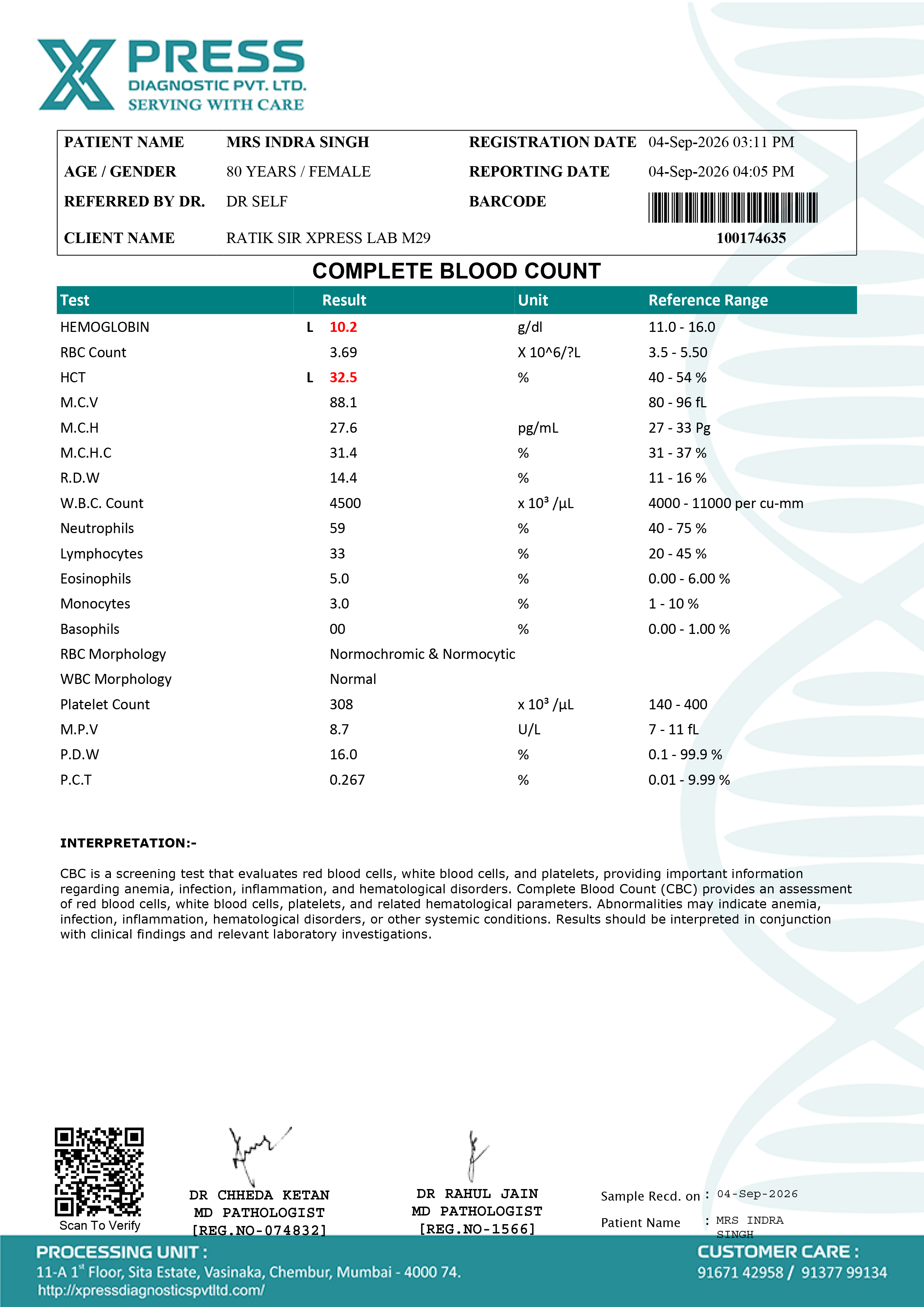 EzeeLab CBC Report Format